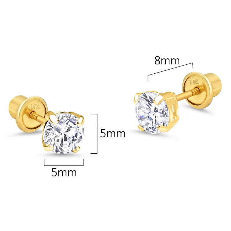 Lovearing 14k Yellow Gold 5mm Basket Round Solitaire Cubic Zirconia Children Screw Back Baby Girls Earrings - Image 2
